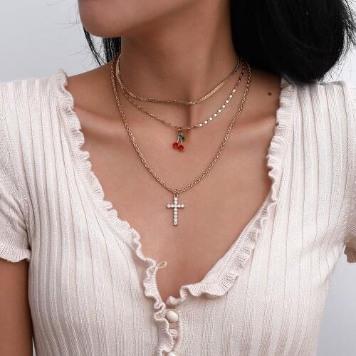 2020 Geometry Fashion Gold Necklaces For Women New Multilevel Cherry Crystal Cross Pendant Chain Female Necklace Jewelry Gift