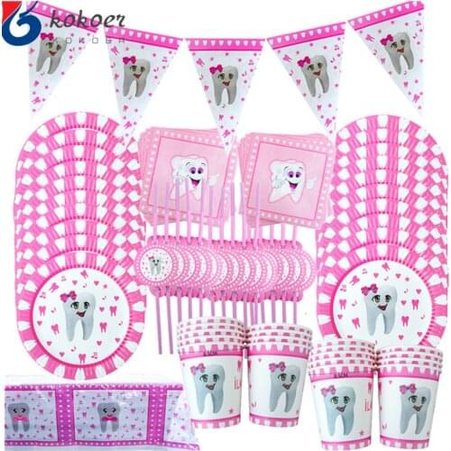 1set 20pelople ues Pink My First Tooth Theme Party Decoration Tableware Paper Cup Plate Napkins tablecolth babyShower Party Supp