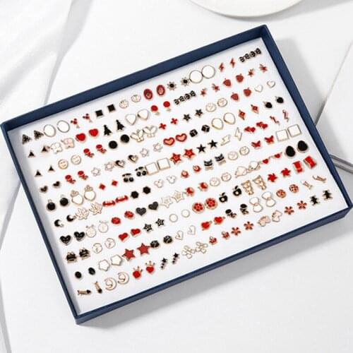 100 Pairs/Box Stud Earrings Women Girls Students Cute Small Fruit Geometric Shape Ear Studs Fashion Crystal Plastic Jewelry Gift