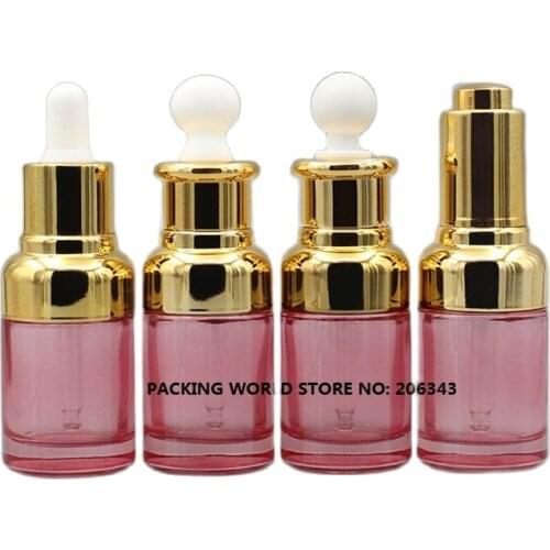 30ml pink glass dropper bottle with gold shoulder and gold collar white bulb for oil/serum/essence/liquid dropper bottle