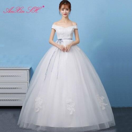 AXJFU princess flower white lace boat neck blue bow wedding dress party vintage bride turkey bow red ball gown wedding dress