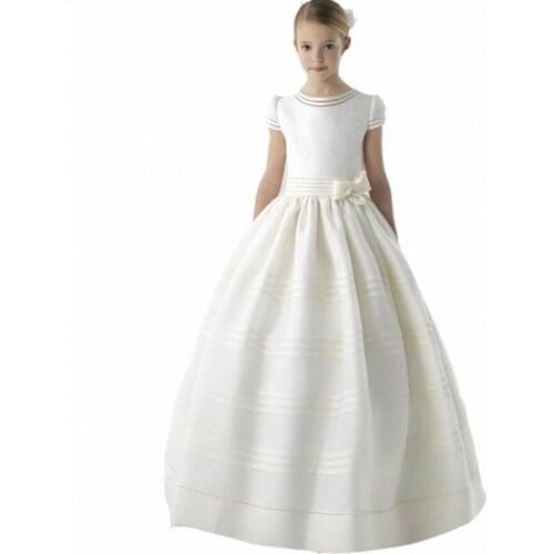 Satin Flower Girls Dresses With Bow Sash First Communion Dress For Little Kids Party Birthday Dress Toddlers Formal Pageant Gown