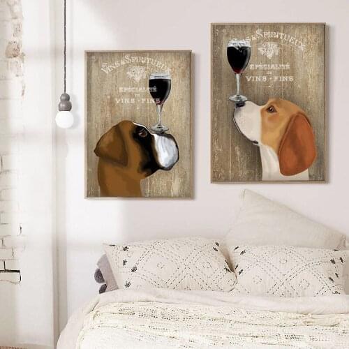 Free shipping wine cute dog wall painting canvas print poster for kids bedroom home decor pictures