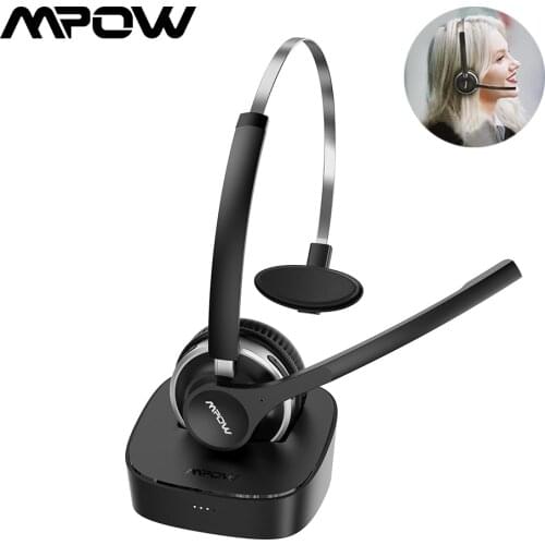 Upgraded Mpow HC3 Bluetooth Headset V5.0 Wireless Headphones with Charging Base Dual Noise Cancelling Mic for Phone PC Skype