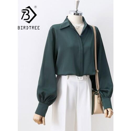 Autumn Women Green Shirts Vintage Lantern Sleeve Satin Blouse Turn-Down Collar Elegant Office Wear Lady Fall Spring Basic Tops T