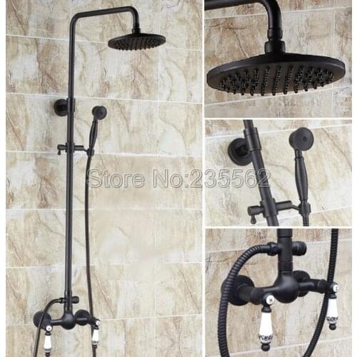 Black Oil Rubbed Bronze Bathroom Rain Shower Faucet Set Cold and Hot Water Mixer Tap Wall Mounted + Handheld Shower Heads lrs513