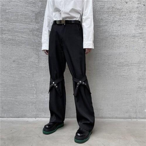 Dark Black Bandage Decoration Function Casual Trousers Mens Wide Loose Casual Trousers Stage Performance Trousers