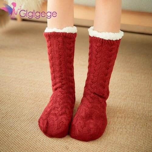 Glglgege Winter Thicken Plush Knitted Cotton Socks Women Non-slip Home Floor Socks Warm Mid-calf Hosiery For House Slippers