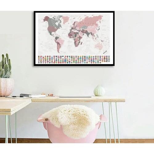 A1 Size Map of The World with National Flags Retro Wall Art Poster Spray Canvas Painting Classroom Home Decor School Supplies