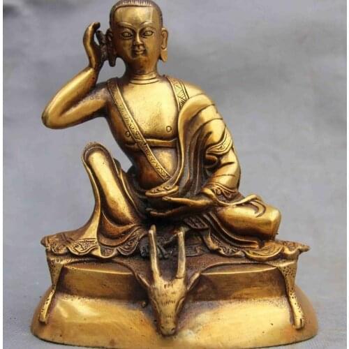 China Buddhism fane brass Arhat copper spotted deer Head Milarepa Buddha Statue
