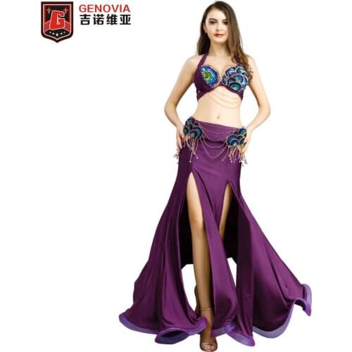 Women Performance Belly Dance Set 3pcs Bra+Belt+Skirt rainbow ballroom tango foxstep waltz salsa standard dance lady