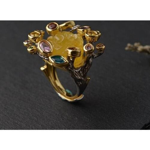 Fashionable honey wax ring S925 silver plated gold inlaid zircon craft female rose Silver Ring