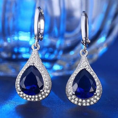 MIQIAO Fashion Blue Diamond Crystal Stone Waterdrop Drop Earrings with Hanger for Women Ear Jewelry Valentines Day Dating