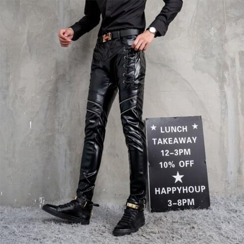 Mens New Zipper Decorations Stitching Leather Pants Slim-Fitting Small Feet Trendy Motorcycle PU Leather Pants