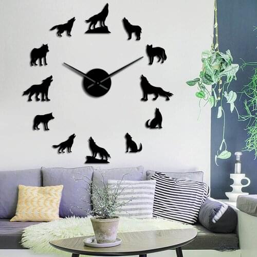 Different Wolf Pose DIY Wall Clock Modern Howling Wolf Frameless Wall Watch Wildlife Animal Giant 3D Mirror Wall Sticker