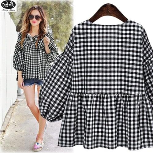 Autumn Women Shirt Ladies V-neck Plaid Bow Nine Quarter Sleeves Pullover Casual Shirts Loose Tops Plus Sizes 5XL