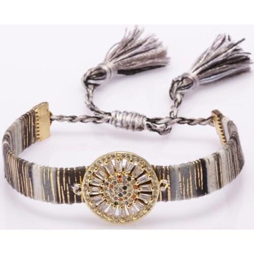 Rainbow cz stamen white rectangle glass flower charm bead bohemia silk wristband adjustable gold bracelet for woman gift for her