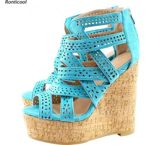 Ronticool 2021 New Fashion Women Summer Hollow Sandals Wedges High Heels Open Toe Gorgeous 6 Colors Banquet Shoes US Size 5-20