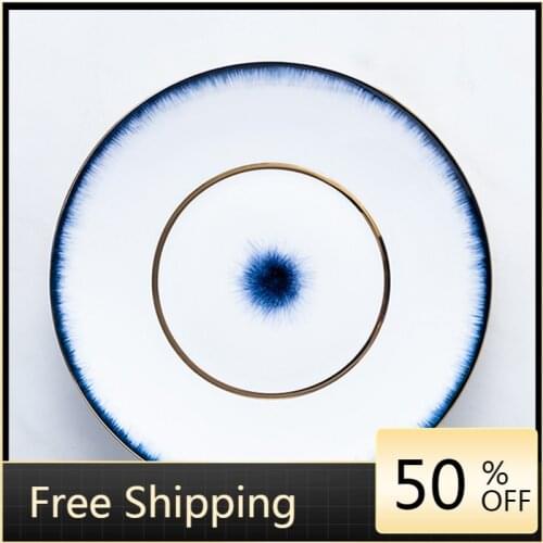 Blue European Style Dinner Plates Nordic Ceramic Cake Cake Cooking Large Set Plate Design Fruit Pasta Plateau Tableware HX50DP