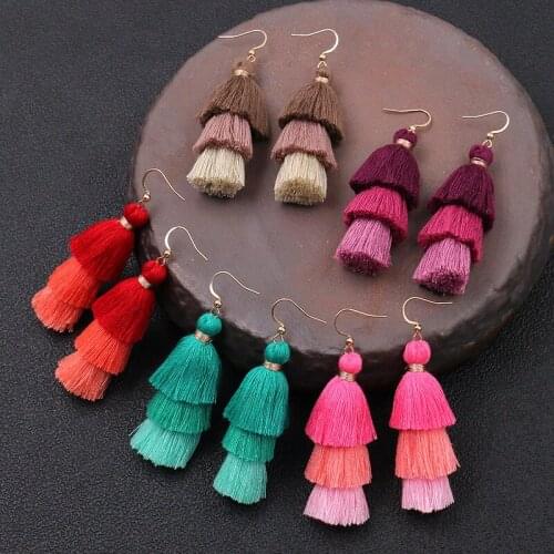 Boho Long Hanging Earrings Three Layers Colorful Tassel Exaggeration Festive Festival Gift Vintage Gradual Change Earrings