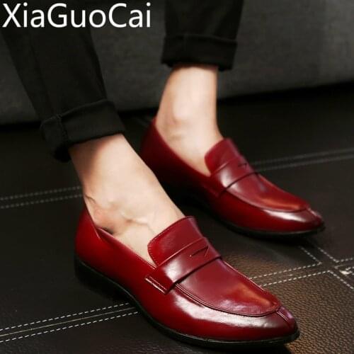 Vintage Wine Leather Mens Dress Shoes Solid Summer Slip on Male Formal Shoes Breathable Mens Genuine Leather Flat Shoes