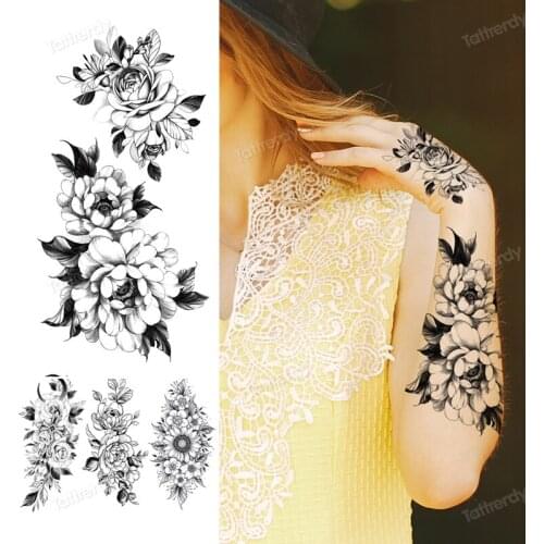Temporary sleeve tattoo flowers peony rose sunflower tattoo sticker women black sketch tattoos designs armband wrist waterdecal