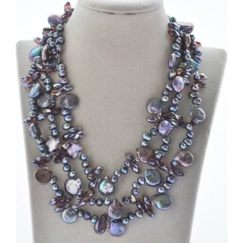 Z10749 3Row 19" 14mm Black Coin Rice Pearl Purple Faceted Crystal Necklace