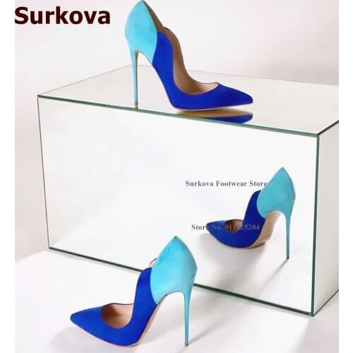 Surkova Green Royal Blue Suede Color Patchwork Wedding Shoes 12cm High Heel Banquet Pumps Gorgeous Bride Shallow Heels Size46