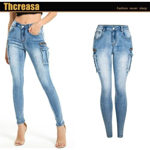 Hot Sale Womens Jeans Trim Pants Multi-bag Pants
