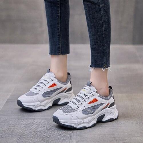 Womens Sneakers Thick Bottom Vulcanized Shoes Female Autumn Lace Up Mesh Patchwork Walking Running Shoes Ladies Casual Footwear
