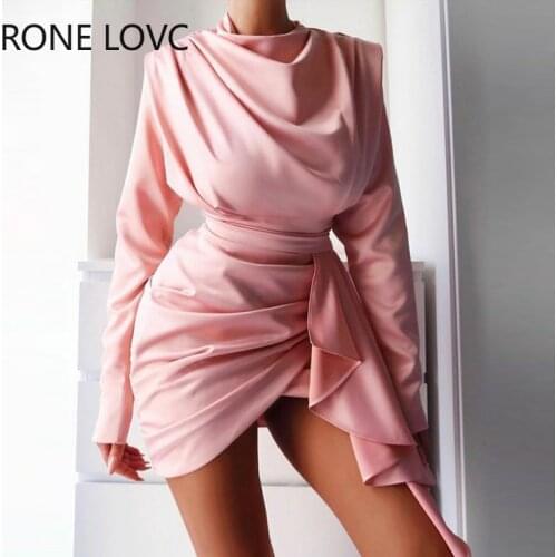 Women Solid Round Neck Ruffle Hem Long Sleeves Wrap Folds Mini Sexy Pink Dresses