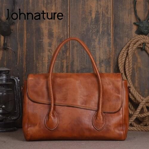 Johnature Luxury Handbags Women Bags Designer First Layer Cow Leather Casual Tote Solid Color Large Capacity Retro Shoulder Bag
