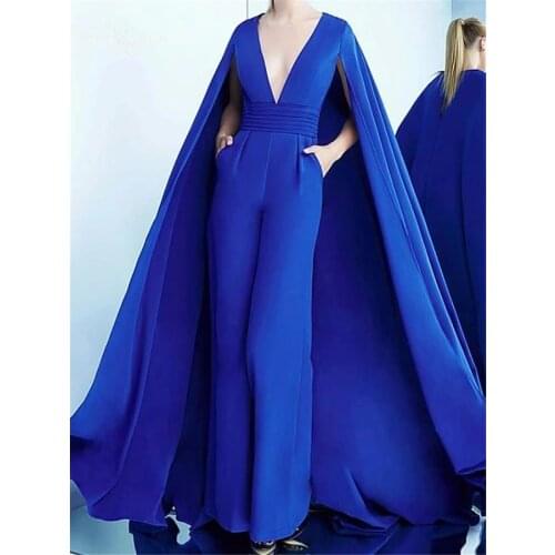 Royal Blue Evening Dresses 2021 with Cape Women Jumpsuit with Pockets Satin Pantsuits Formal Dress Party Gowns Robe De Soiree