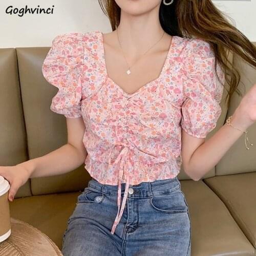 Blouses Women Crop Top Floral Sweet Elegant Prairie Chic Slim Ulzzang Holiday Ladies Summer Leisure Vintage Popular Puff Sleeve