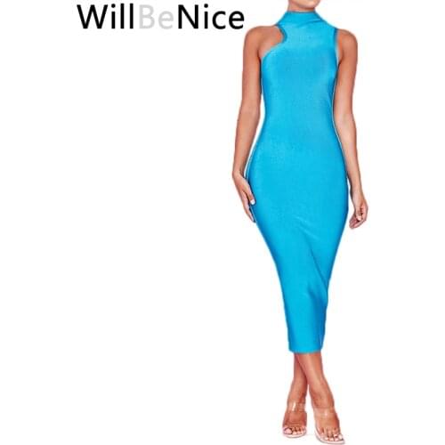 WillBeNice Women Summer Bandage Dresses 2019 Aqua Blue Bandage Midi Dress High Neck Sexy Bodycon Bandage Dress Elegant Bodycon