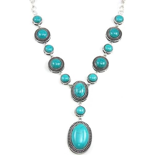 OCESRIO Blue Stone Necklace Pendants Silver Color Plated Big Long Necklace with Stones Vintage Jewelry Women Gifts nke-k48