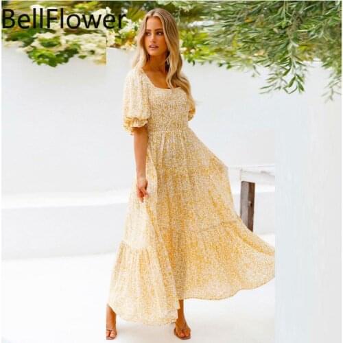 Smocked Dress Women Clothing Yellow Print Sexy Loose Flounced Edge A-LINE Lantern Sleeve Square Collar Swing Summer Dresses 2021