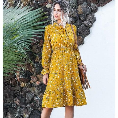 Women Elegant Floral Chiffon Midi Dress Spring Autumn Fashion Bow Collar Flare Sleeve Ladies Dresses Casual Chic Party Robe 2021