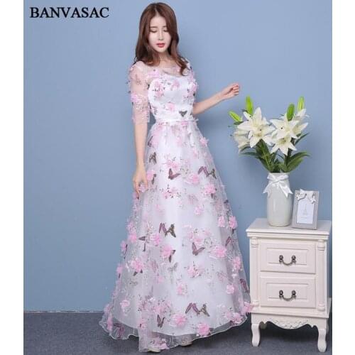 BANVASAC Illusion O Neck Lace Flowers Appliques Long Evening Dresses Party Bow Sash Half Sleeve Backless A Line Prom Gowns