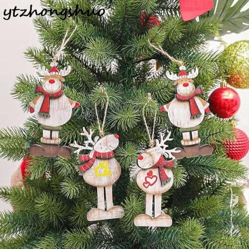 1PC Christmas Ornament Wooden Hanging Pendants Color Painting Retro Scarf Elk Christmas Decorations For Home Party New Year