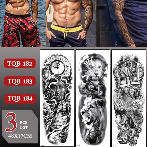 3 pcs/lot Full Arm Waterproof Lion Tiger Skull Temporary Tattoo Sticker Large Arm Sleeve Fake Tattoos For Men Women Arm Stickers
