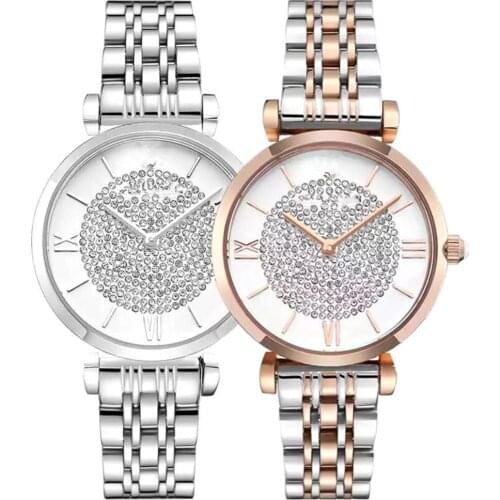 40%HOT Women Paved Rhinestone Roman Numerals Round Dial Alloy Band Analog Quartz Watch