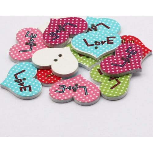 50pcs Wooden Buttons For clothing 19x25mm Love Heart Shape DIY Love Letter Handicraft Sewing Accessories Scrapbooking Decorative