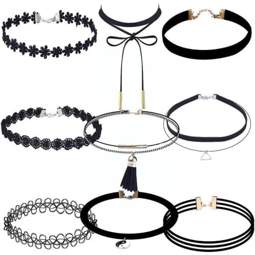 9 PCS Women Choker Necklaces Black Velvet Stretch Tattoo Choker Necklace Set for Girls