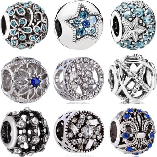 Btuamb New Fashion Crystal Hollow Star Maple Leaf Tortoise Robot Flower Charms Beads Fit Pandora Bracelets for Women DIY Jewelry