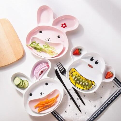 Zq Household Separated Ceramic Plate Tableware Breakfast Plate Cute Childrens Cartoon Grid Plate