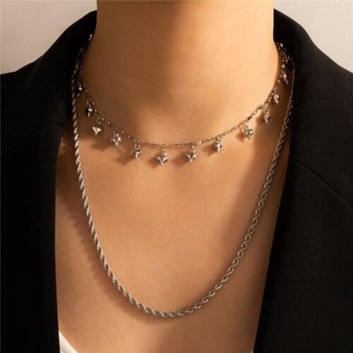 HuaTang Fashion Silver Color Heart Pendant Necklace for Women Vintage Double Layer Twist Chains Choker Lady Jewelry on the Neck