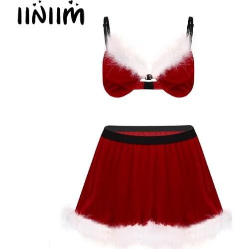 Iiniim Men Adults Lingerie Exotic Velvet Feathered Sissy Christmas Santa Costume Set Bra Top with Elastic Waistband Short Skirt
