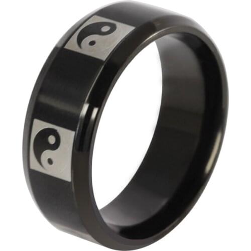 Yin and Yang Taiji 8mm Charming Rings for Men and Women Stainless Steel Black Ring Jewelry