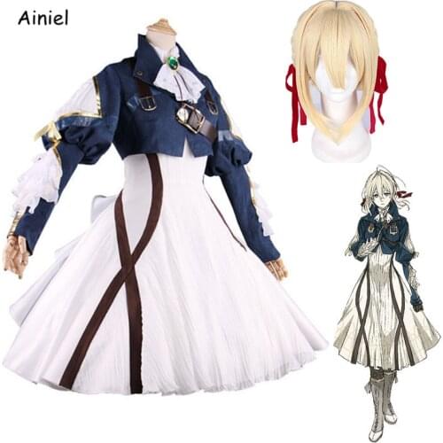 Anime Violet Evergarden Dress Coat Wig Gloves Veil Little Cosplay Costume Girls Clothes Set Blonde Hair for Adult Woman